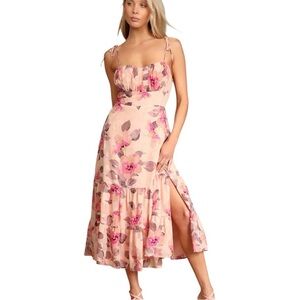 Lulu's Tea Party Chic Pink Floral Print Jacquard Tie Strap Tiered Midi Dress - L
